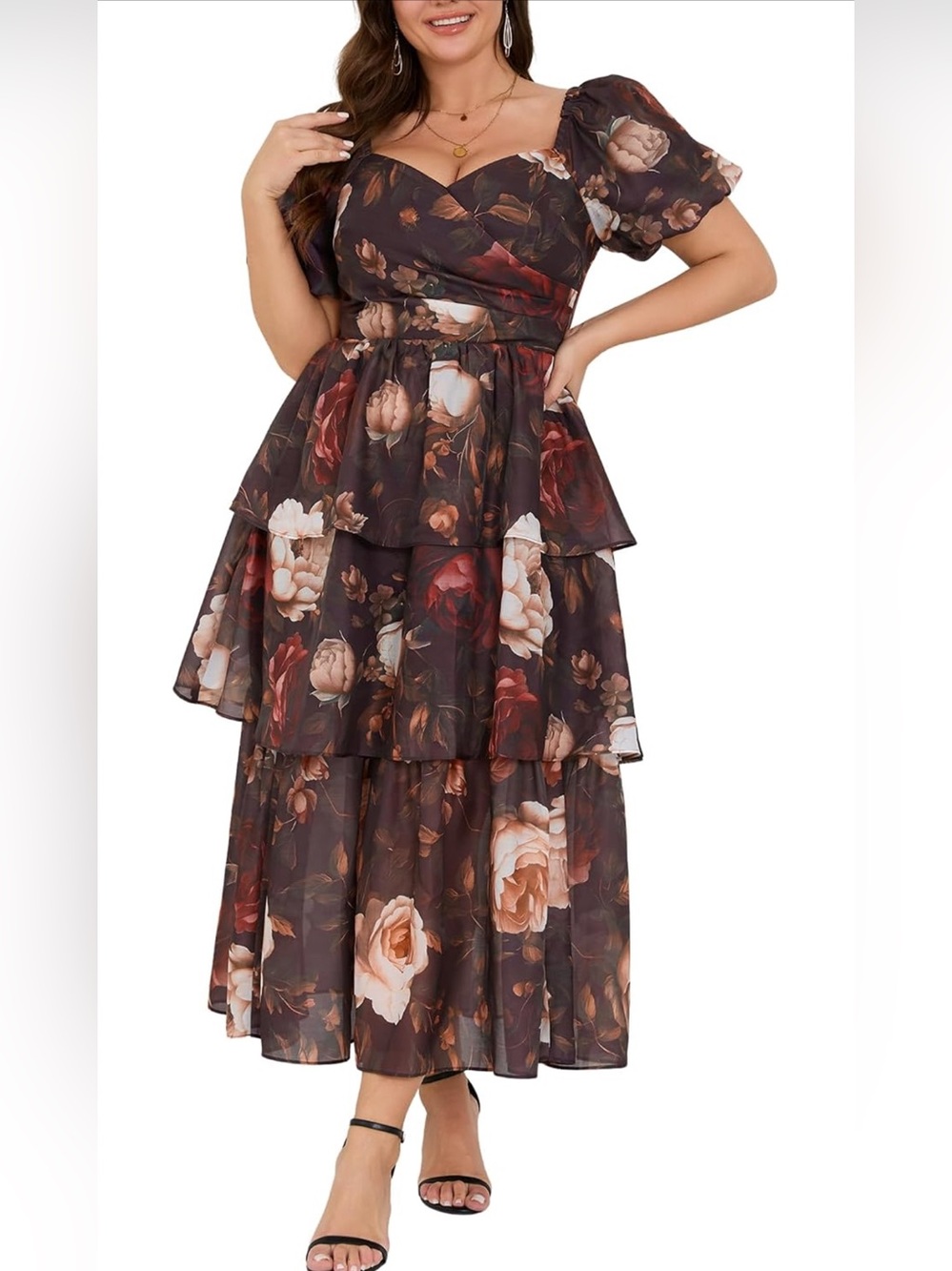 Plus Floral Tiered Maxi Dress - Brown Floral